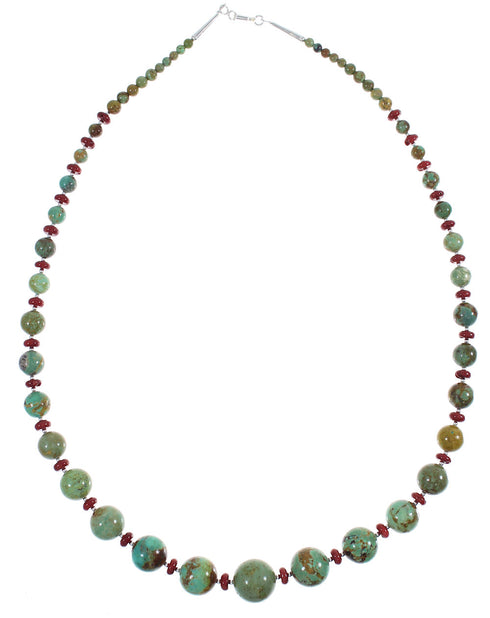 Kingman Turquoise And Coral Sterling Silver Navajo Bead Necklace AX88817